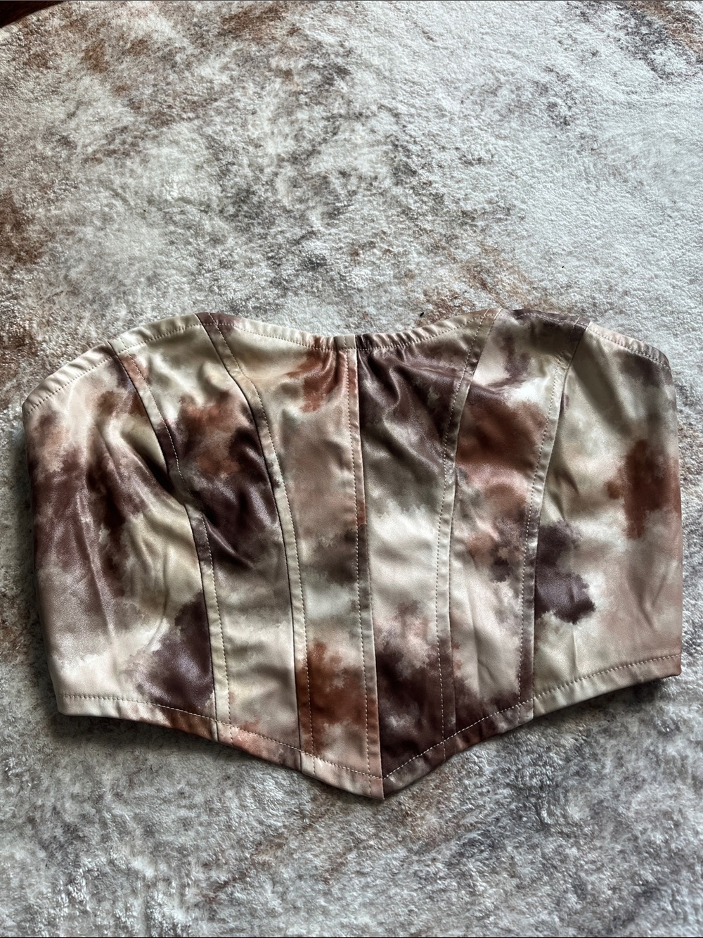 Fashion Nova Strapless Bustier Top in Cream and Brown Tie-Dye